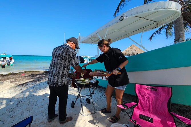 Cancun Beach Seafood Barbecue Class in a Kombi - Grilling shrimp, vegetables, octopus, and sardines