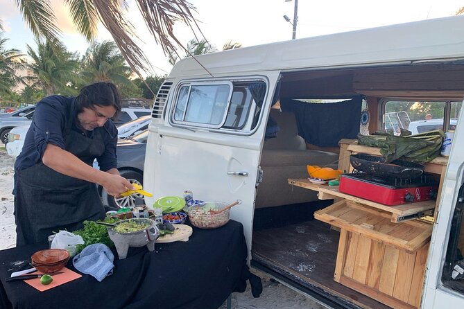 Cancun Beach Seafood Barbecue Class in a Kombi - Starting with salsa, chips, and a fresh drink
