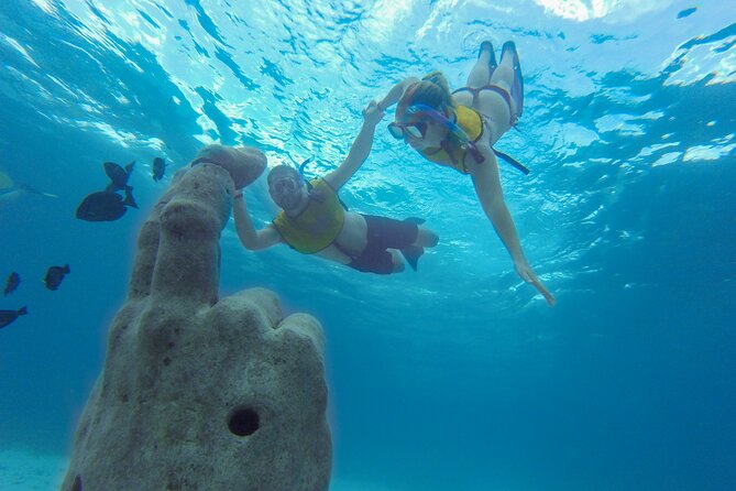 Cancun Snorkeling Tour: Swim with Turtles, Reef, Underwater Museum and Shipwreck - MUSA’s Blessings and Aquarium Family statues