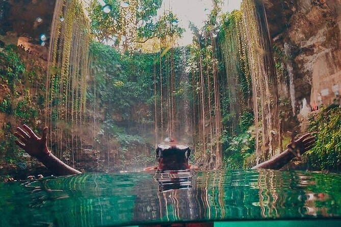 Chichen itza Deluxe Ancestral Cenotes Ik-il and Suytun - Ik Kil Cenote, an open pool framed by vines